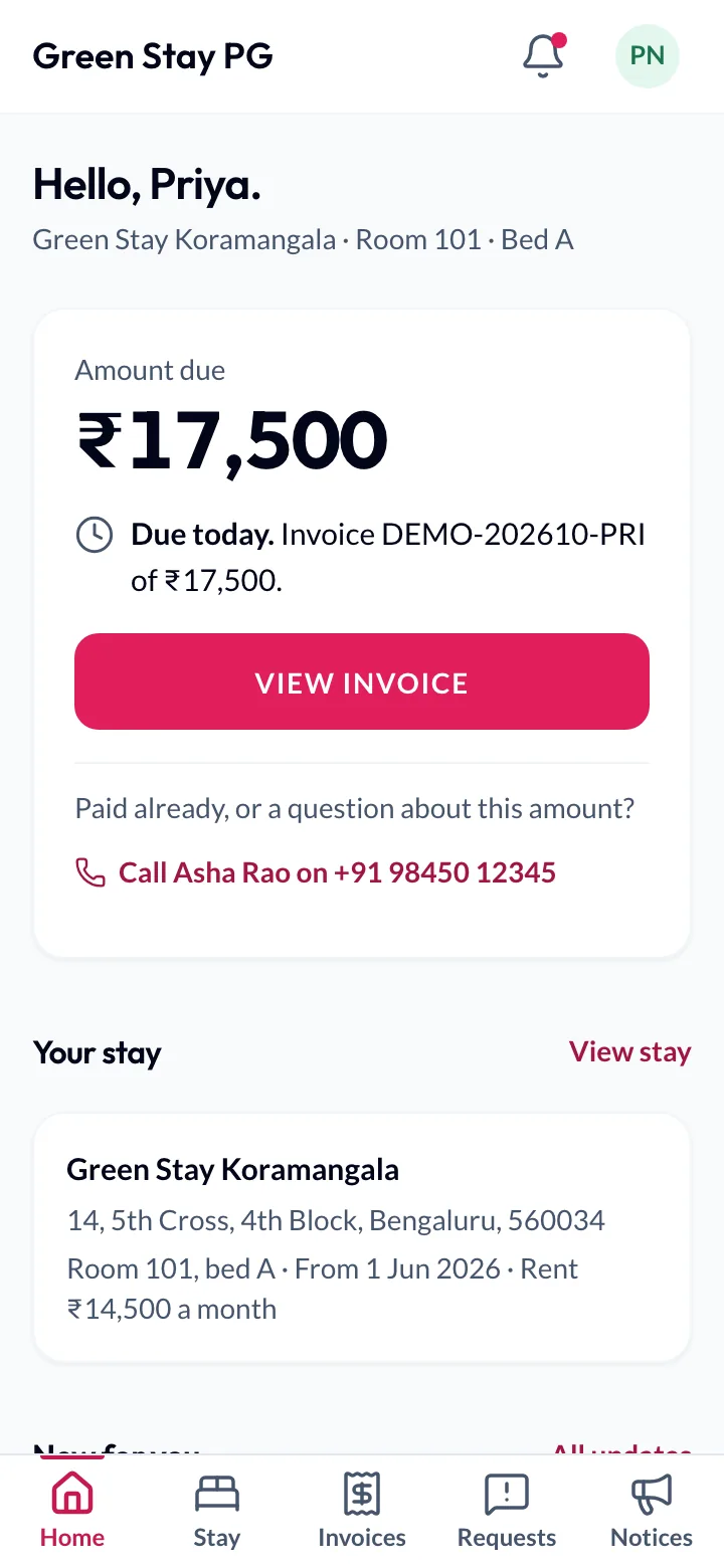 A resident’s page on a phone: ₹17,500 due today, a button to view the invoice, and the room and bed of their stay.